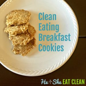 4 cookies on a white plate with text that reads clean eating breakfast cookies