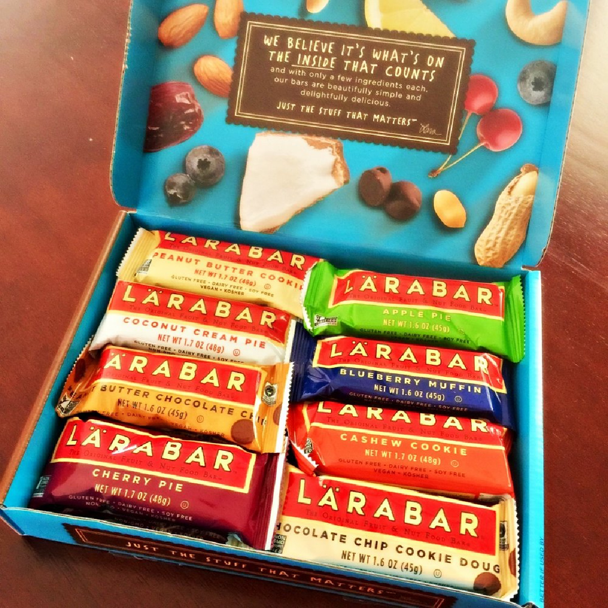 overhead shot of an opened Larabar box with a variety of flavors