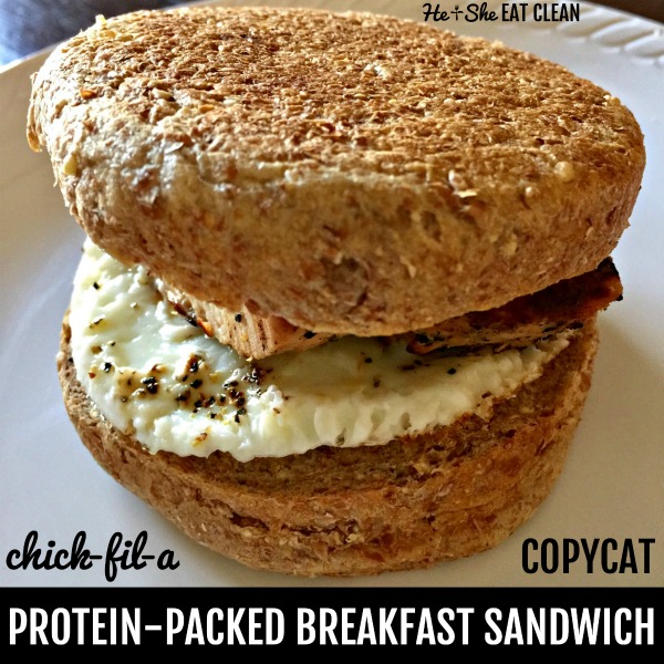 breakfast sandwich on a white plate with text that reads chick fil a copycat protein packed breakfast sandwich