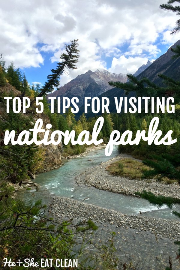 mountain range with river running through it with text that reads top 5 tips for visiting national parks