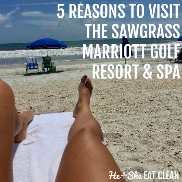 female tanning on the beach with text that reads 5 reasons to visit the Sawgrass Marriott Golf Resort & Spa