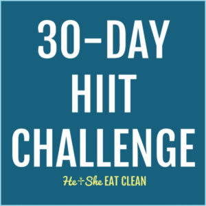 blue background with white text reads 30-day HIIT challenge
