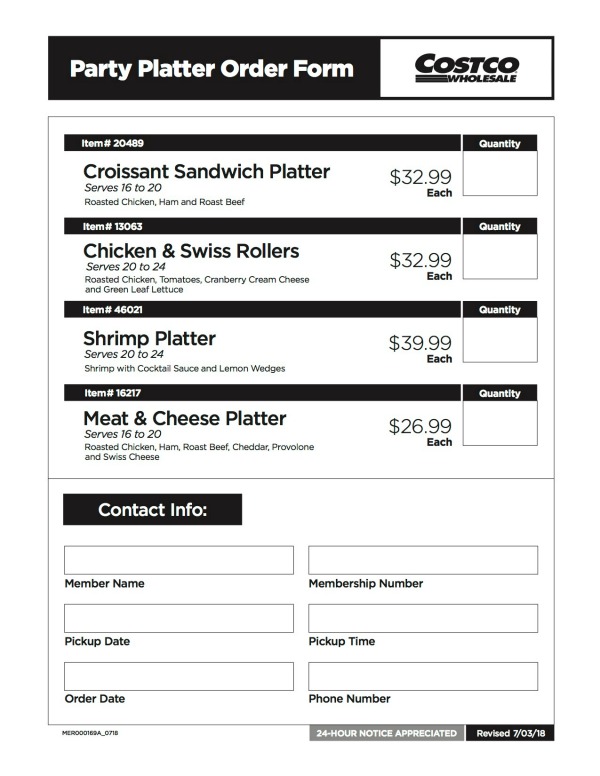 order form for ordering a party platter from Costco