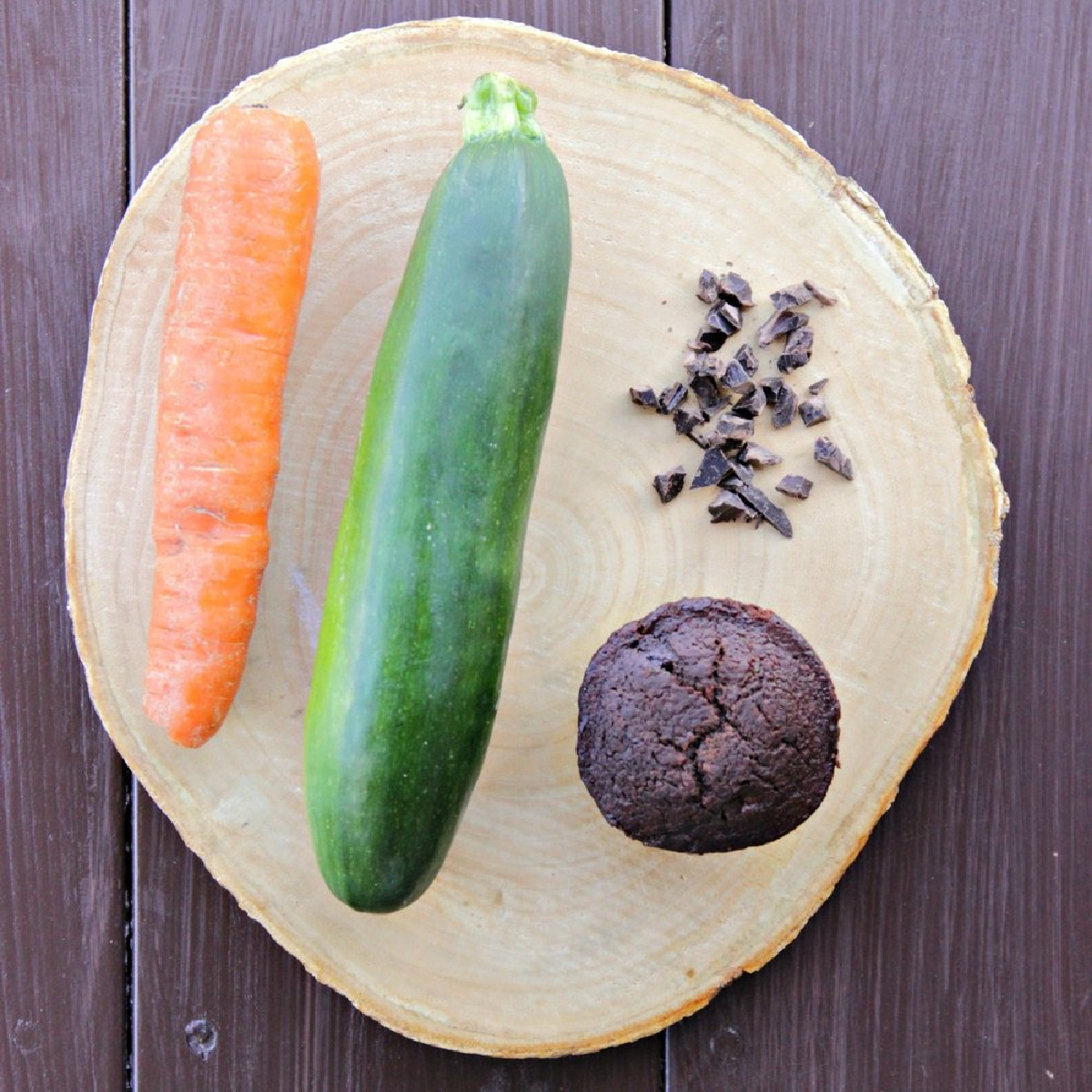 overhead shot of a Chocolate Garden Lites muffin, chocolate chunks, zucchini, and a carrot