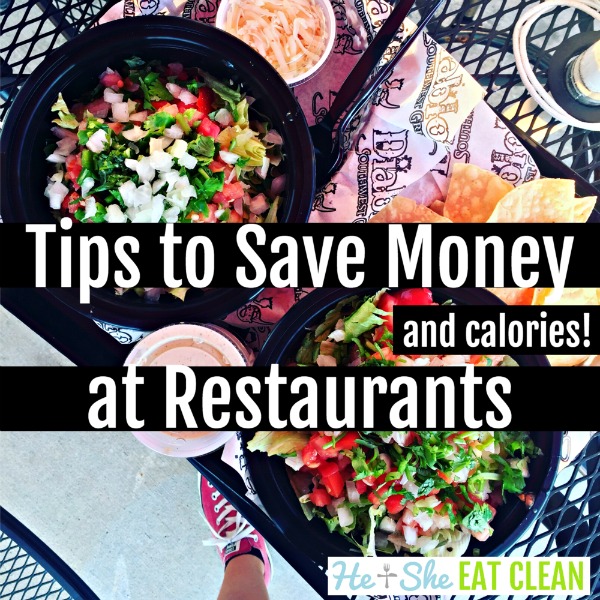 two burrito bowls on a table with text that reads tips to save money at restaurants