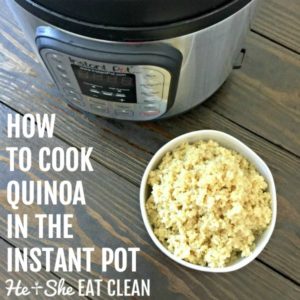 cooked quinoa in a white bowl on a wooden table with text that reads how to cook quinoa in the Instant Pot square image