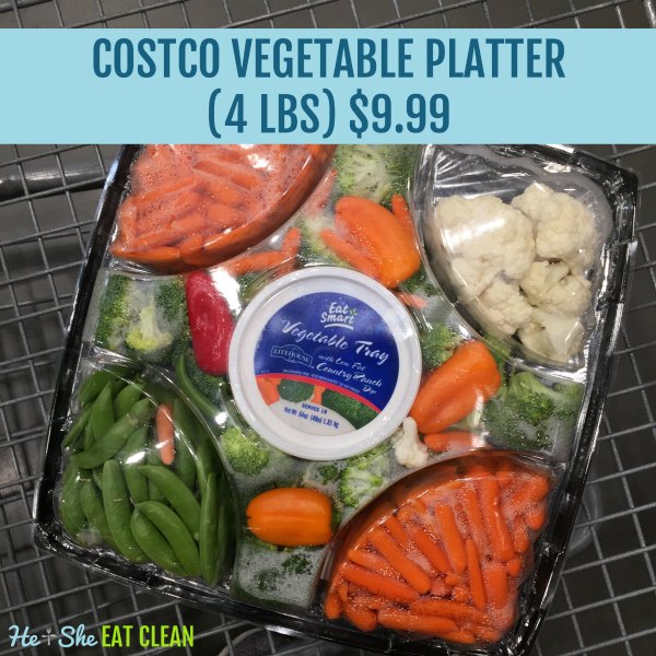 vegetables in a plastic container from Costco including strawberries and pineapple. Text reads Costco vegetable platter (4 lbs) $9.99