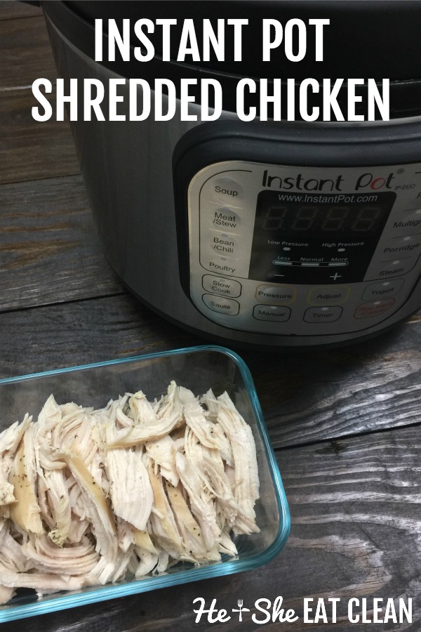 Instant Pot with shredded chicken in a glass dish