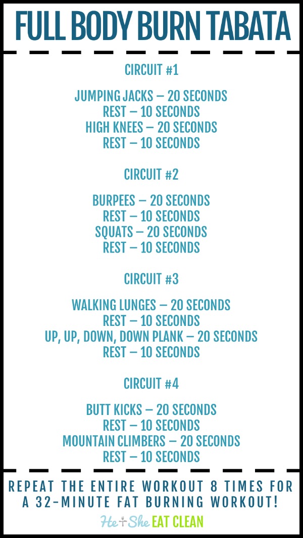 text reads Full Body Burn 32-Minute Tabata Workout with workout listed