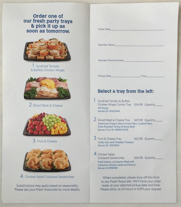 order form for party trays from Sam's Club