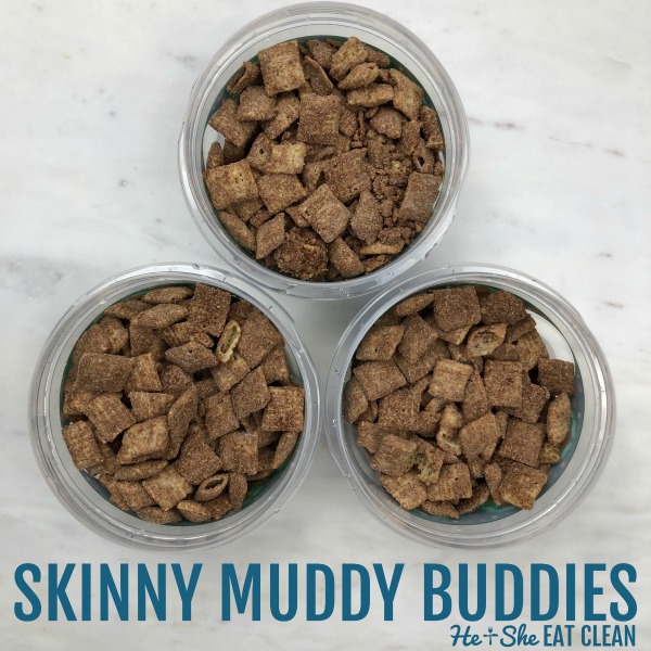 3 clear bowls full of Muddy Buddies - Puppy Chow on a white marble slab with text that reads Skinny Muddy Buddies