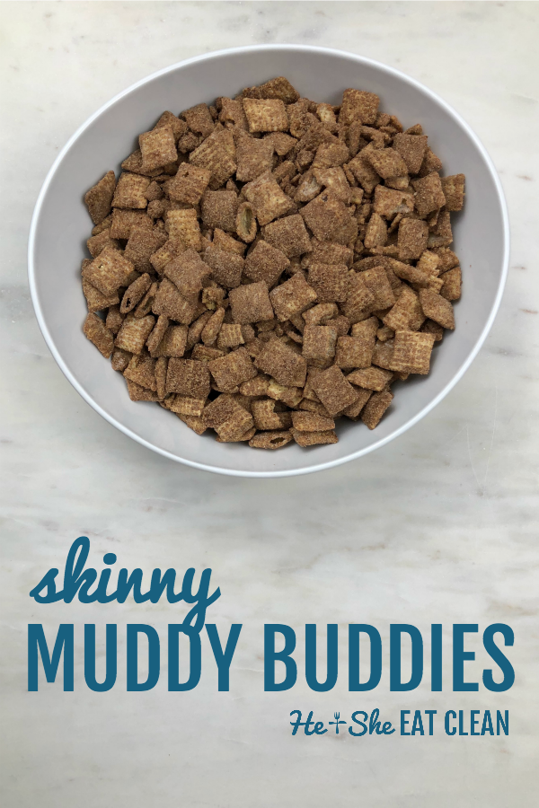 white bowl full of Muddy Buddies - Puppy Chow on a white marble slab with text that reads Skinny Muddy Buddies