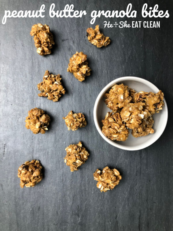 Granola bites on a slate board and in a white bowl