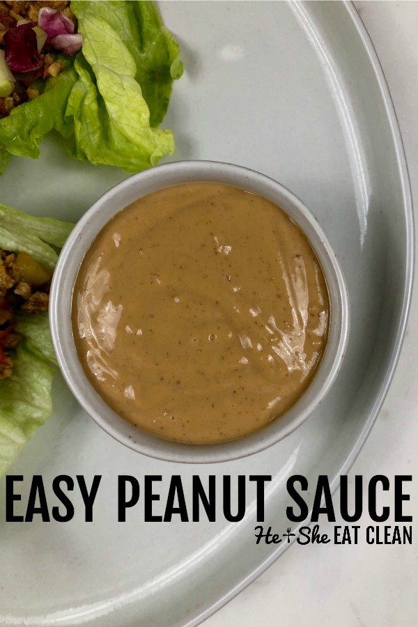 peanut sauce in a white bowl with lettuce wrap on the side