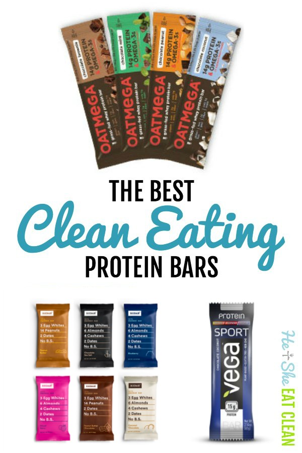 collage with packaged protein bars and text reads the best clean eating protein bars