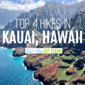 Bright blue ocean with text that reads top 4 hikes in Kauai, Hawaii. Photo of the Na Pali Coast square image