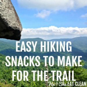 mountain landscape with text that reads easy hiking snacks to make for the trail square image