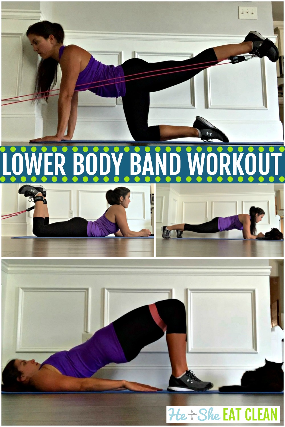 collage of female doing leg exercises for a 30-minute lower body band workout