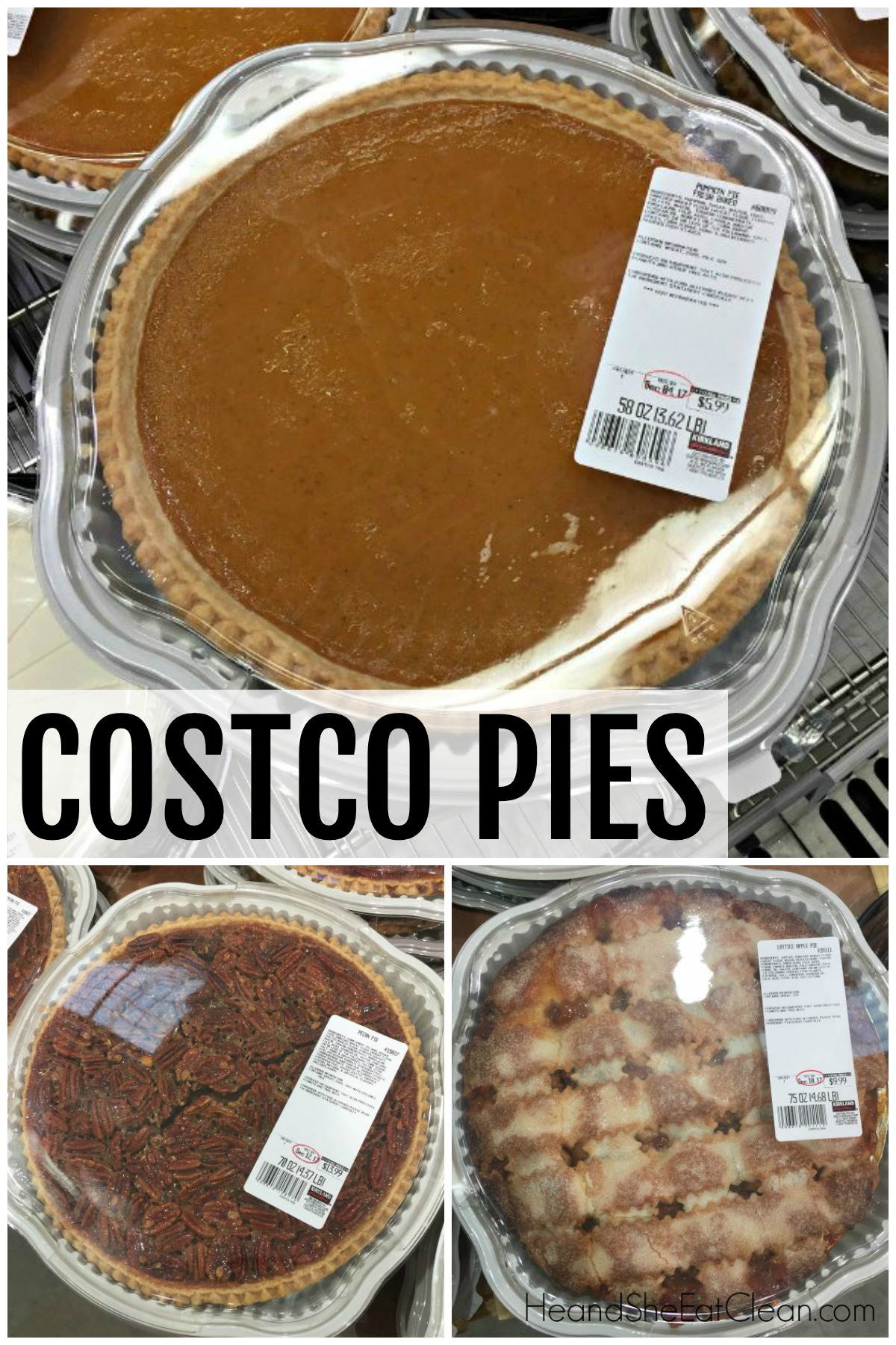 collage of pies from Costco: pumpkin, apple, pecan