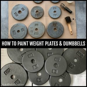 before and after picture of old rusty weight plates (before) and newly painted plates (after)