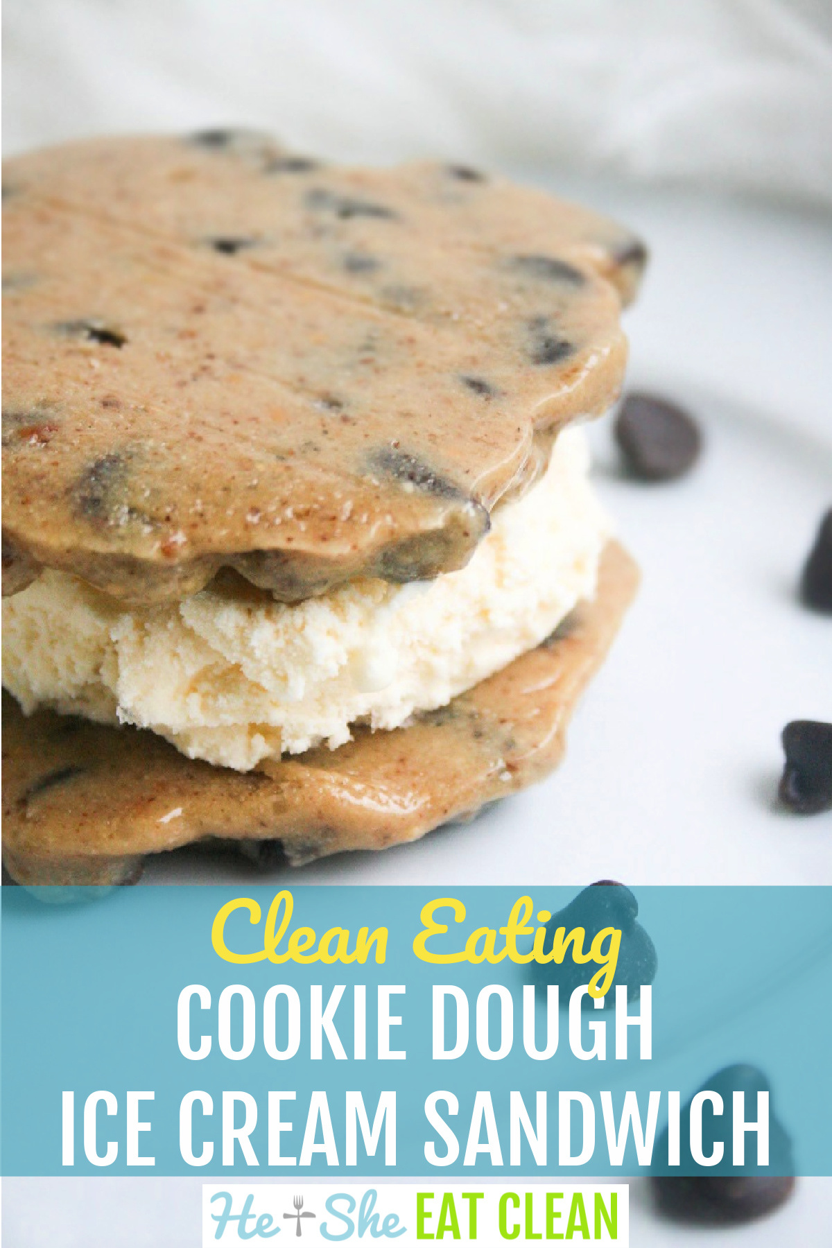 cookie dough ice cream sandwich with chocolate chips spread around it