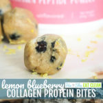two protein bite/balls with blueberries inside and lemon zest around the bites