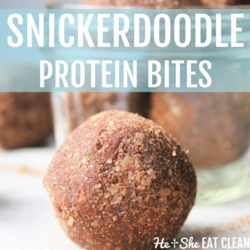 snickerdoodle protein ball with cinnamon sprinkled around and more protein balls in the background