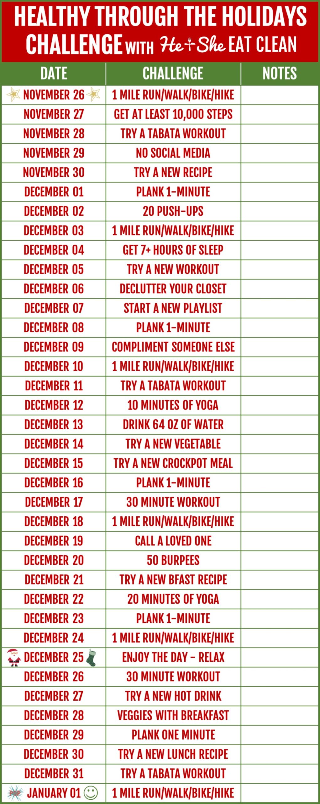healthy through the holidays fitness & nutrition challenge calendar