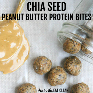 chia seed protein bites spilled out of a glass jar with peanut butter