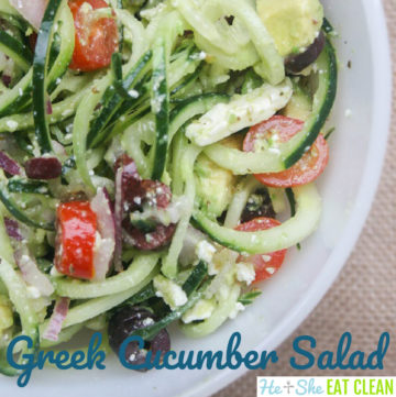 Greek Cucumber Salad with spiraled cucumber drizzle in oil and vinegar