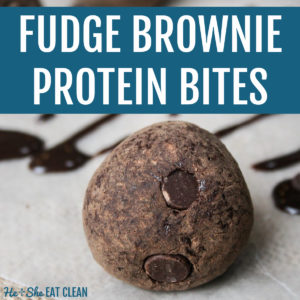 one protein bite/ball with chocolate chips and chocolate drizzle in the background. text reads Fudge Brownie Protein Bites
