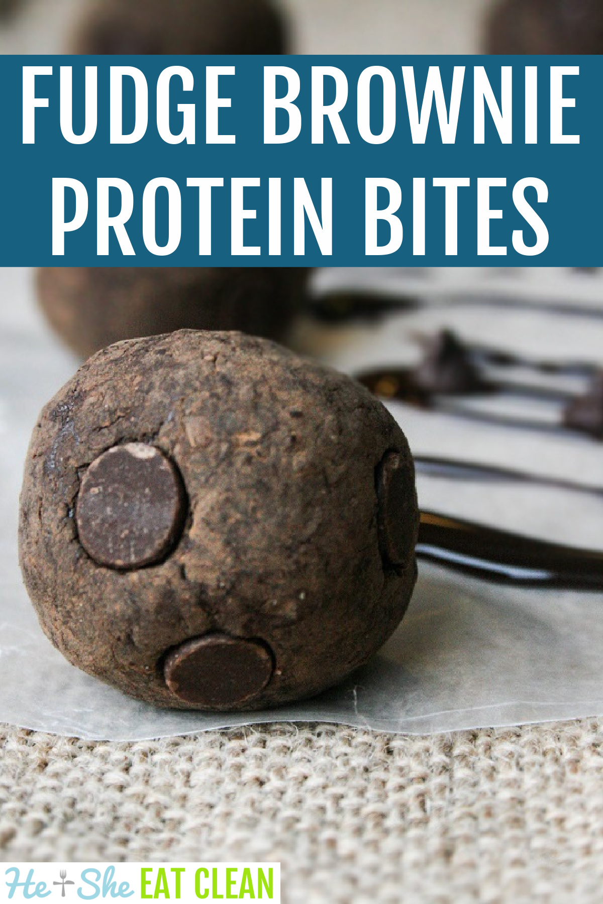 one protein bite/ball with chocolate chips text reads Fudge Brownie Protein Bites
