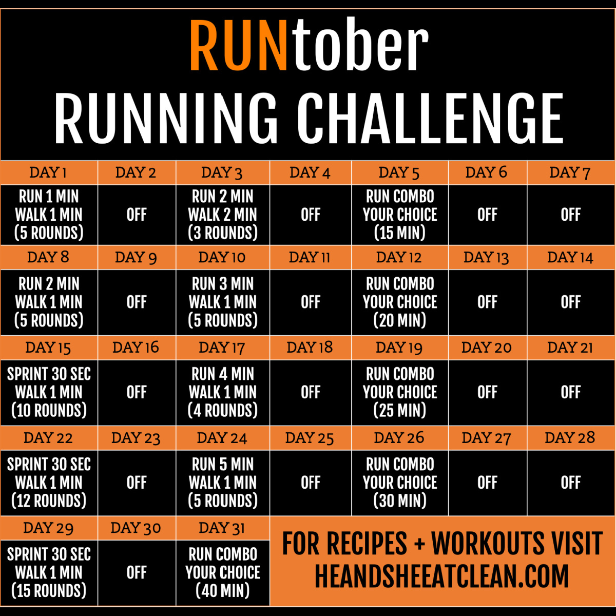 fitness challenge calendar titled RUNtober
