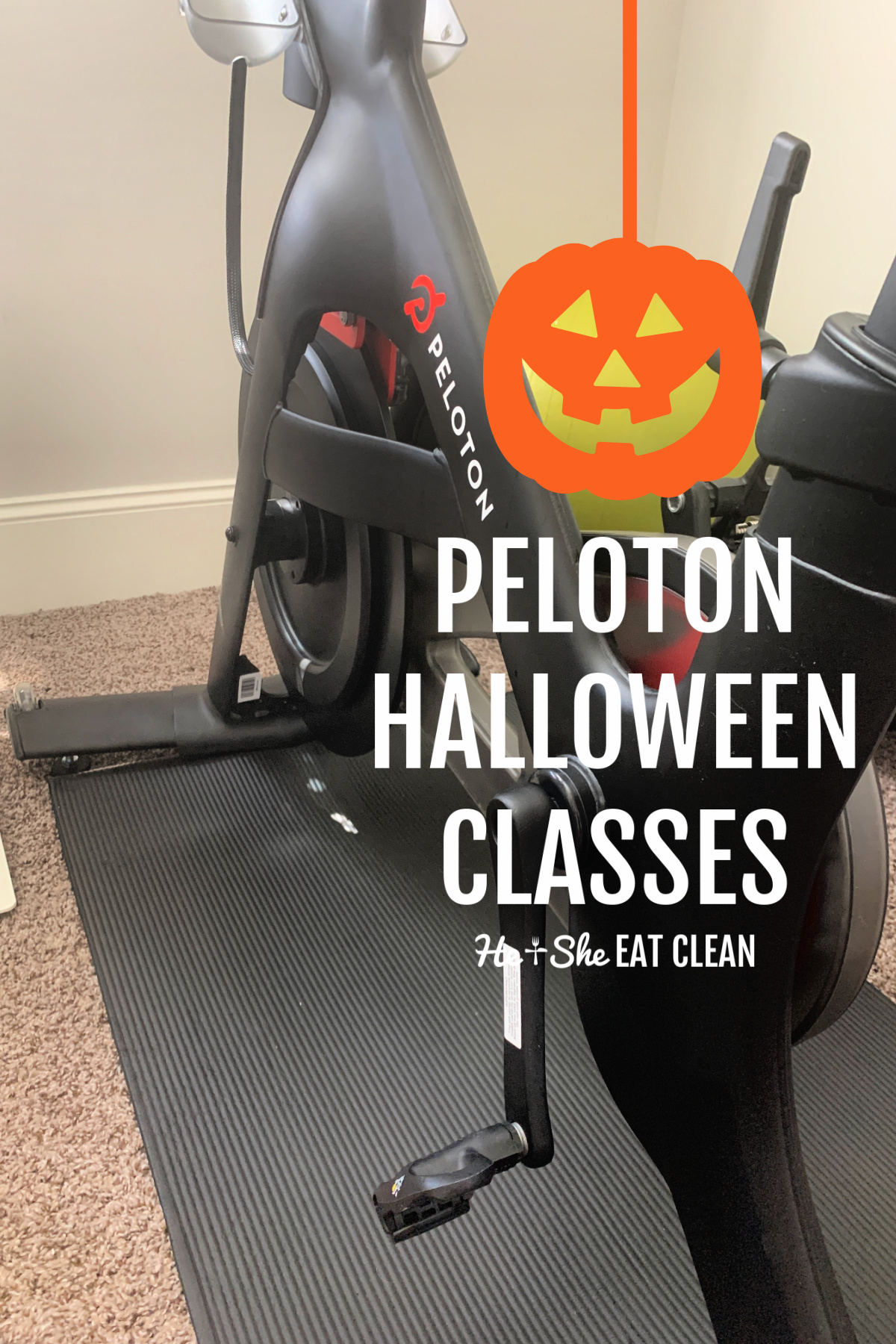 Peloton bike on a black yoga mat with text that reads Peloton Halloween Classes with a pumpkin overlay