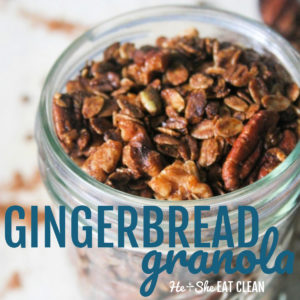 glass jar of granola, text reads gingerbread granola